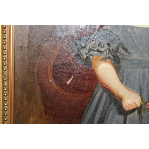 85 - A 19th century primitive Oil on Canvas of two girls, one holding a basket of fruit, English primitiv... 