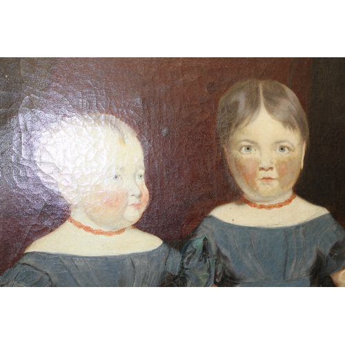 85 - A 19th century primitive Oil on Canvas of two girls, one holding a basket of fruit, English primitiv... 