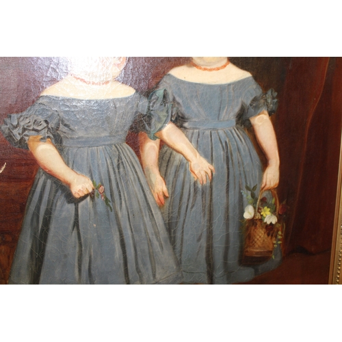 85 - A 19th century primitive Oil on Canvas of two girls, one holding a basket of fruit, English primitiv... 