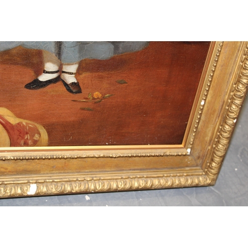 85 - A 19th century primitive Oil on Canvas of two girls, one holding a basket of fruit, English primitiv... 