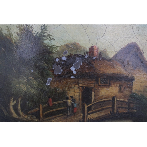 95 - A pair of oils on wooden panel of country house scenes, one of a thatched barn with church in rear, ... 