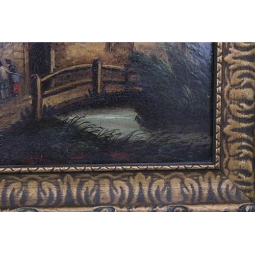 95 - A pair of oils on wooden panel of country house scenes, one of a thatched barn with church in rear, ... 