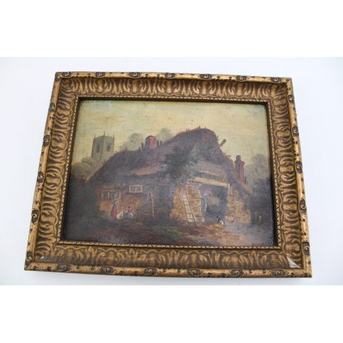 95 - A pair of oils on wooden panel of country house scenes, one of a thatched barn with church in rear, ... 