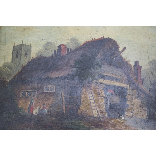 95 - A pair of oils on wooden panel of country house scenes, one of a thatched barn with church in rear, ... 