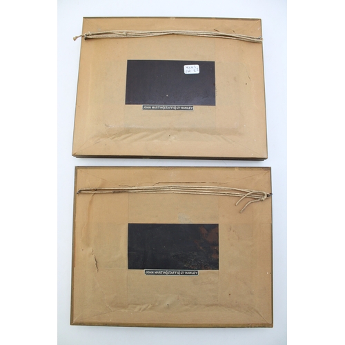 95 - A pair of oils on wooden panel of country house scenes, one of a thatched barn with church in rear, ... 