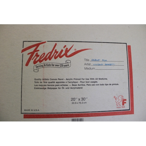 98 - Vincent Bennett (1910 - 1993) Oil on canvas panel, 'Silent Film' Signed to verso. 51cm x 76cm.