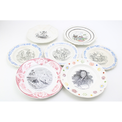 Seven pearlware plates 19th to early 20th century, three French and printed in black with bicycling subjects, two octagonal nursery plates, one with a scene from Robinson Crusoe, the other with Jim Crow, another nursery plate printed with a portrait of Reverend Adam Clarke, and a Sarreguemines plate depicting the 1904 sinking of the battleship Petropavlosk and the survival of Grand Duke Kirill Vladirimovich, 19.7cm max. (7).