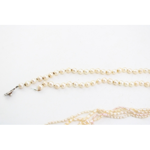 4 - A string of vintage cultured pearls, knotted with silver clasp, a/f string broken, and a four strand... 