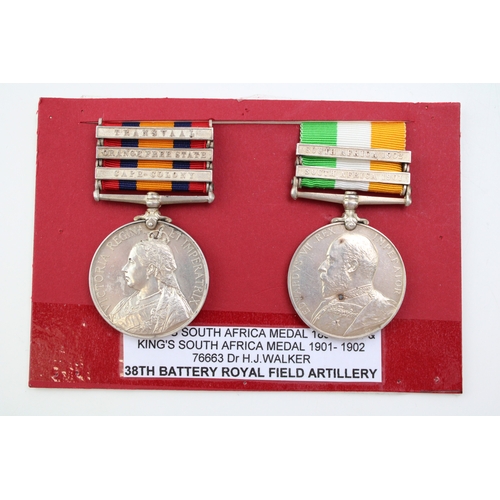 Two silver South Africa medals to include Queen Victoria Transvaal Orange Free State Cape Colony and Edward VII South Africa 1901 and 1902 medal, awarded to 76663 Dr H J Walker, 38th Battery Royal Field Artillery.