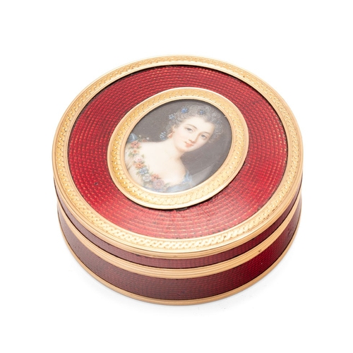 A French 18ct gold mounted tortoiseshell and lacquered enamel circular powder box with oval portrait miniature to the centre of the lid, the miniature apparently unsigned of an 18th century lady with floral garland to her hair and decolletage, framed in oval of gold, with matching engraved gold edge to the box, which is red enamel, over tortoishell, the outside banded to the top, bottom and lid closure, and with further guilloche enamel to the base, 7.7cm diameter, by 3.4cm depth, total weight 79.1g.