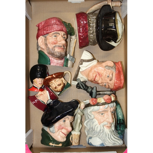 129 - Large Royal Doulton character jugs to include Tam o'Shanter, Porthos and others with small jugs (8).