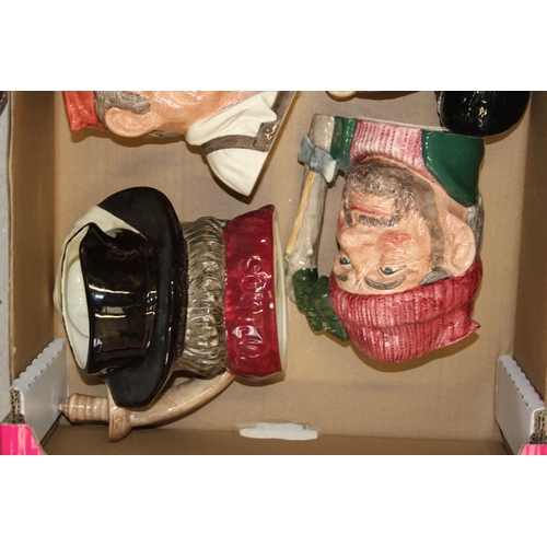 129 - Large Royal Doulton character jugs to include Tam o'Shanter, Porthos and others with small jugs (8).