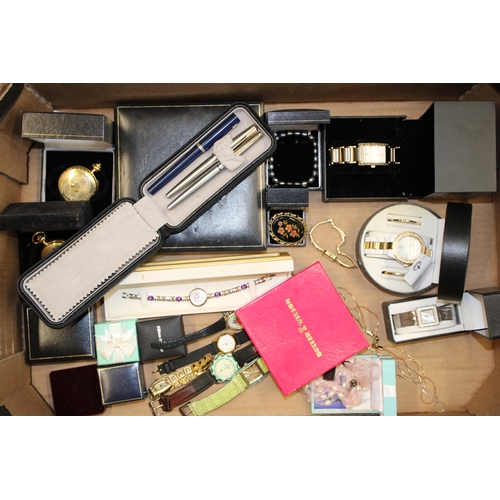 166 - A collection of costume jewellery to include watches, necklaces, Parker pens together with gold plat... 