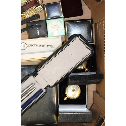 166 - A collection of costume jewellery to include watches, necklaces, Parker pens together with gold plat... 