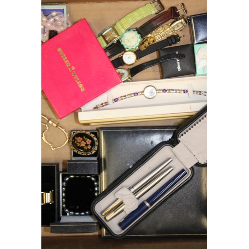 166 - A collection of costume jewellery to include watches, necklaces, Parker pens together with gold plat... 