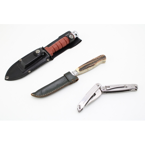 168 - A Leatherman 'Sidekick' multitool together with a Whitby & Co R.C.C hunting knife in sheath with sha... 