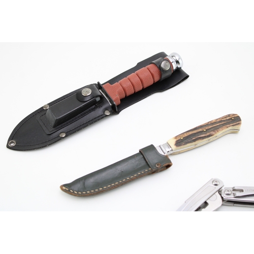 168 - A Leatherman 'Sidekick' multitool together with a Whitby & Co R.C.C hunting knife in sheath with sha... 