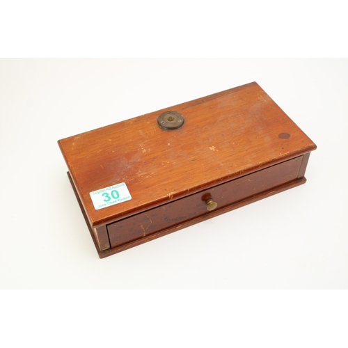 30 - Scientific scales in wooden box complete with weights, 26cm wide, 13.5cm deep, 6.5cm tall.