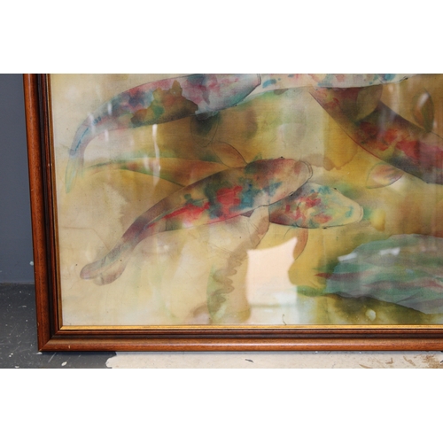 56 - Batique artwork of fish viewed from above, 58cm x 44cm.