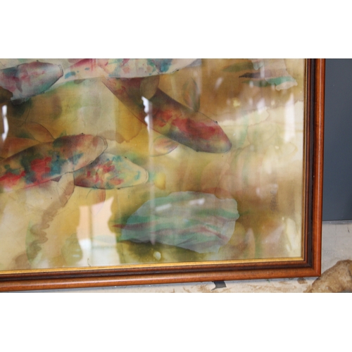 56 - Batique artwork of fish viewed from above, 58cm x 44cm.