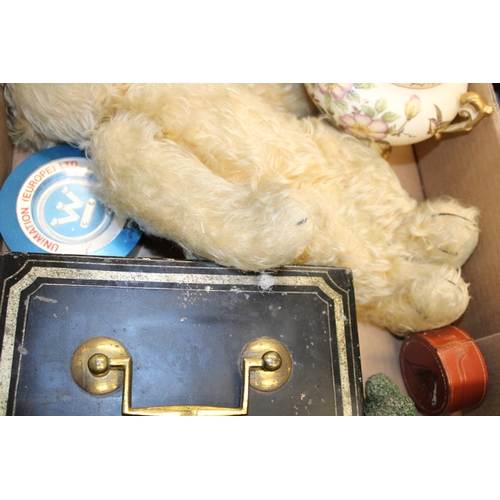 58 - A mixed collection of items to include a Merrythought teddy bear, Smiths mantle clock and other simi... 