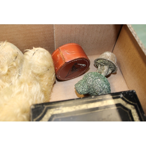 58 - A mixed collection of items to include a Merrythought teddy bear, Smiths mantle clock and other simi... 