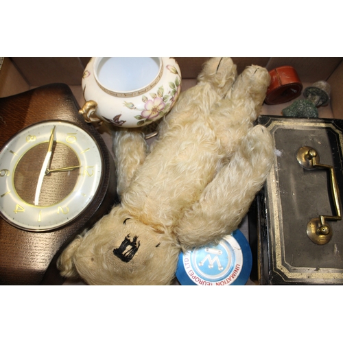 58 - A mixed collection of items to include a Merrythought teddy bear, Smiths mantle clock and other simi... 