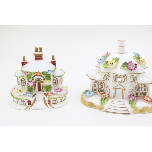 9 - Coalport 'Twin Towers', 'Keepers Cottage' and 'The Parasol House' 11cm tall, (3).