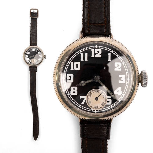 A WWI period Rolex Marconi officer's trench watch, silver case with black enamel dial white Arabic numeral hour markers, white outer minute track, subsidiary seconds at 6, polished cathedral style hands with luminous inserts, manual wind jewelled movement, the inner case marked .925, 132709, W&D, on a brown leather strap, case diameter, 34mm. (excluding crown)