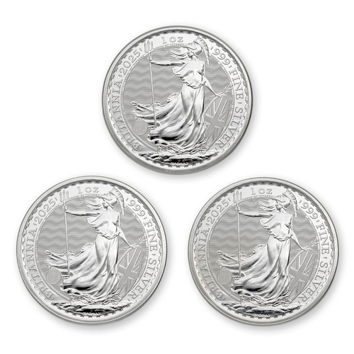 Three 1oz .999 fine silver Britannia £2 coins, King Charles III 2025 (3).