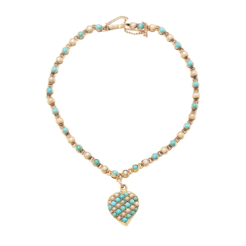 267 - A 15ct gold, turquoise and pearl bracelet with heart shaped locket, of guilloche form set with alter... 