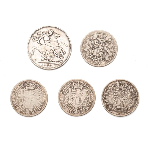27 - UK silver coinage to include Victorian Full Crown 1890, together with four Half Crowns, 1884, 1895, ... 