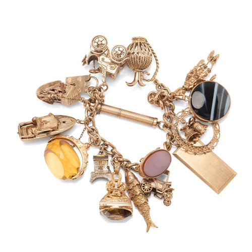 340 - A 9ct curb link gold charm bracelet, having rectangular padlock clasp and with fourteen oversized 9c... 