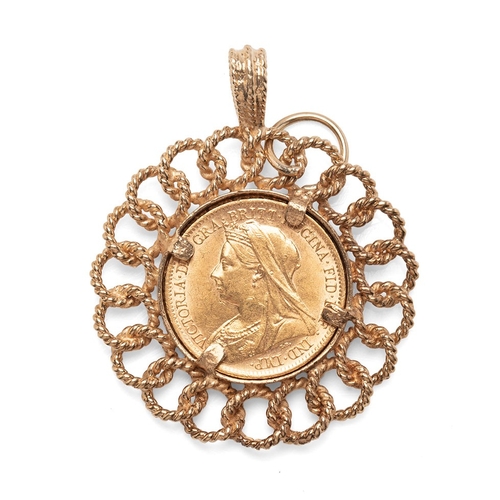 4 - A Victoria veiled or widow head half sovereign, 1900, in 9ct gold rope-link pendant mount, total wei... 