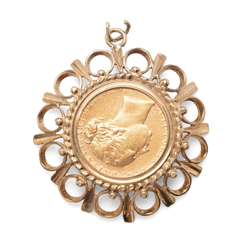 6 - A Victoria bun-head full sovereign, 1880, in 9ct gold, ring and dart pendant mount, total weight 13.... 