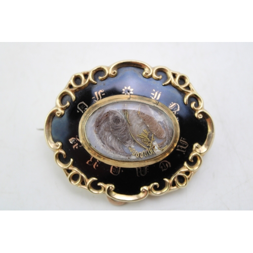 202 - Victorian gold and enamel mourning brooch, with internal plaited hair, 'In Memory of W G Clark, died... 