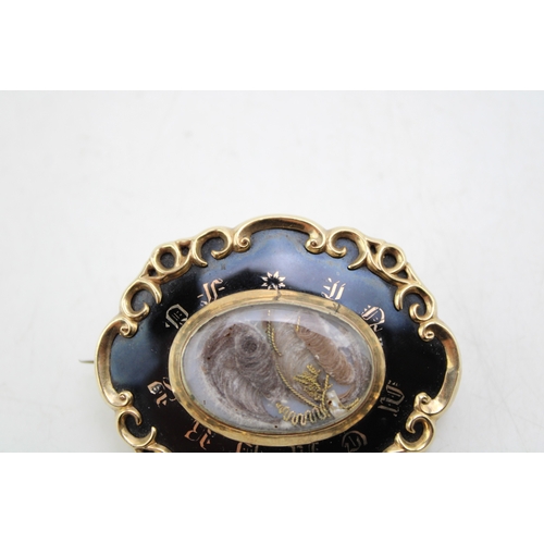 202 - Victorian gold and enamel mourning brooch, with internal plaited hair, 'In Memory of W G Clark, died... 