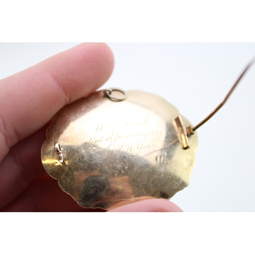 202 - Victorian gold and enamel mourning brooch, with internal plaited hair, 'In Memory of W G Clark, died... 