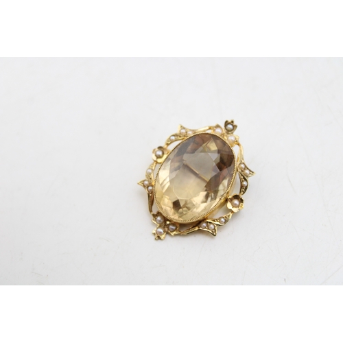 204 - 15ct gold brooch with central citrine stone, bordered by twenty seed pearls in floral settings, 24mm... 