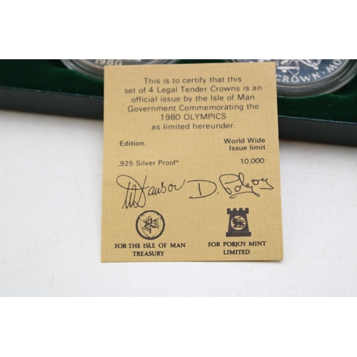 21 - Four sterling silver crowns, Olympics related, QEII 1980 115g appx, cased & COA, Isle of Man.