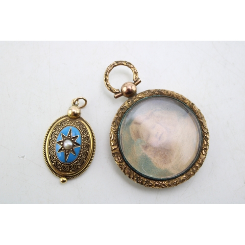 237 - Victorian type Byzantine revival enamel and seed pearl pendant, the central pearl in starburst setti... 