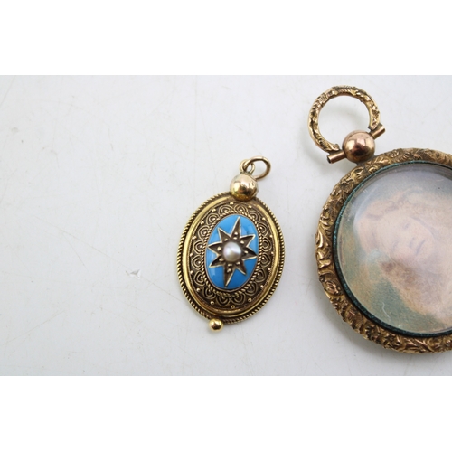 237 - Victorian type Byzantine revival enamel and seed pearl pendant, the central pearl in starburst setti... 