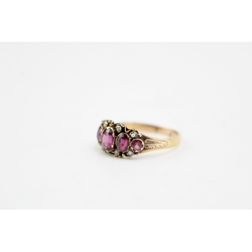 251 - A Victorian, 15ct gold, amethyst five stone ring the oval amethysts accentuated with seed pearls in ... 