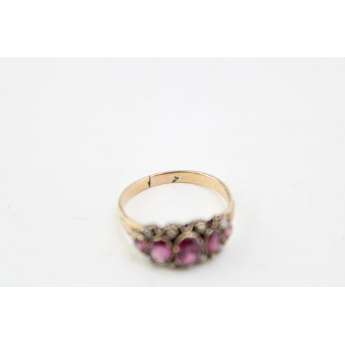 251 - A Victorian, 15ct gold, amethyst five stone ring the oval amethysts accentuated with seed pearls in ... 