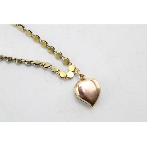 267 - A 15ct gold, turquoise and pearl bracelet with heart shaped locket, of guilloche form set with alter... 