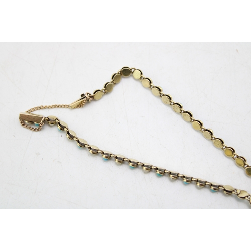 267 - A 15ct gold, turquoise and pearl bracelet with heart shaped locket, of guilloche form set with alter... 