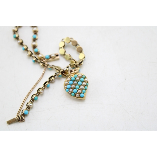 267 - A 15ct gold, turquoise and pearl bracelet with heart shaped locket, of guilloche form set with alter... 