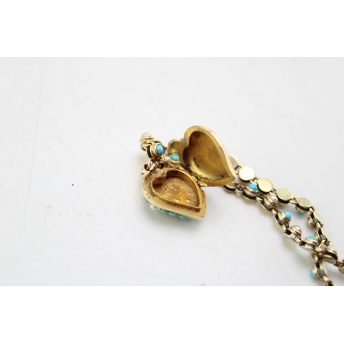 267 - A 15ct gold, turquoise and pearl bracelet with heart shaped locket, of guilloche form set with alter... 