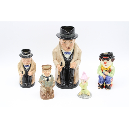 187 - Royal Doulton Toby jugs to include a large and medium Churchill, a Clown, Captain Cuttle and a figur... 