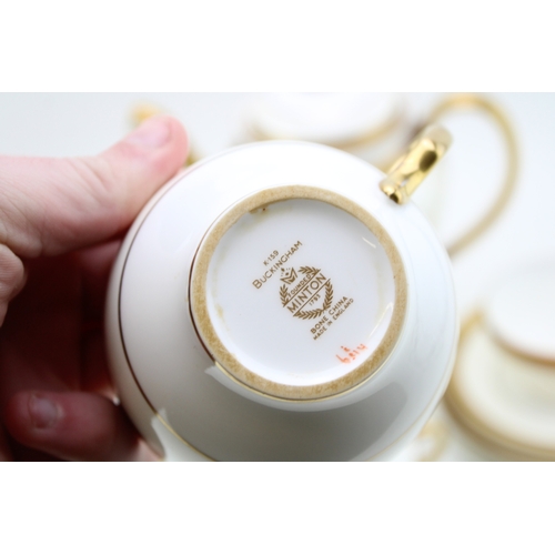 263 - Minton Buckingham pattern tea ware to include tea pot, three cups and saucers and six 22.5cm side pl... 